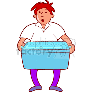 A cartoon man holding a large blue cooler, wearing a white shirt and purple pants, possibly at a party or gathering.