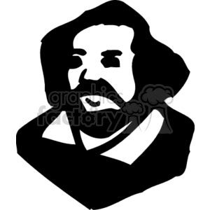 Clipart of a bearded man with shoulder-length hair in a stylized black and white illustration.