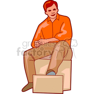 Illustration of a man sitting with a relaxed posture, wearing an orange shirt and brown pants.