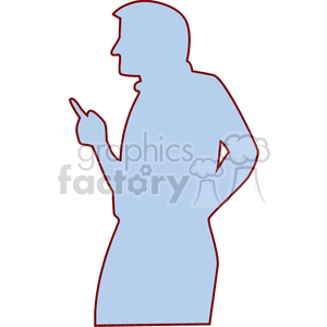 Silhouette of a man with one hand pointing and the other behind his back.