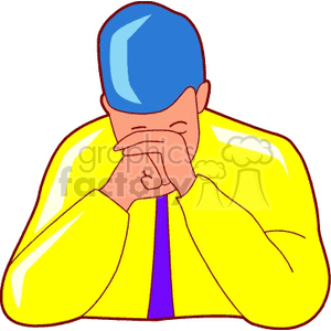 Clipart image of a man in a yellow shirt with blue hair looking worried, resting his head on his hands.