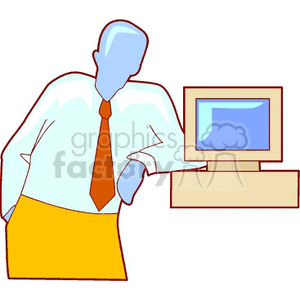 Cartoon illustration of a man leaning on a computer monitor.