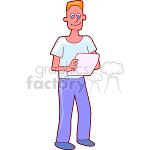 A cartoon illustration of a young man holding a piece of paper. He is wearing a light blue shirt and blue pants.