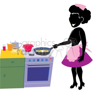 A women in an apron frying eggs