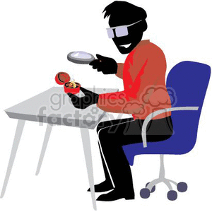 Illustration of a jeweler examining a diamond ring at a desk.