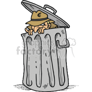 A cartoon of a private investigator peeking out of a trash can