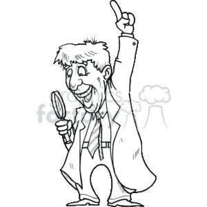 This is a black and white clipart image of a person who appears to be a private investigator or detective. The character is depicted with an excited expression, holding up one finger as if he has discovered an important clue or had a eureka moment. In his other hand, he holds a magnifying glass, suggesting he is searching for clues or examining evidence related to a crime. The person is wearing a trench coat and a tie, which are often associated with classic portrayals of detectives.