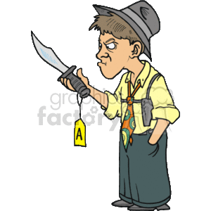 The clipart image depicts a cartoon-style illustration of a private investigator or detective character. The detective is wearing a hat, which is often associated with traditional investigators, and a yellow shirt with a tie. He is holding a magnifying glass in his right hand, which he is using to examine a large knife. The knife has a tag labeled 'A', implying it is a piece of evidence, possibly in a crime investigation. The detective has a notepad in his pocket, suggesting he might be taking notes about his findings.
