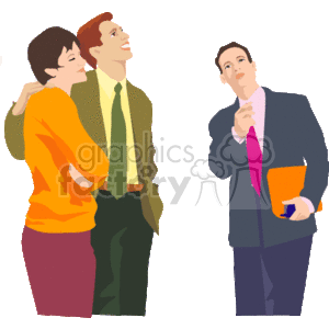 The clipart image depicts two men and one woman. The woman and one of the men appear to be a couple looking upwards, possibly at a house or discussing a property, suggesting they might be clients. The other man, standing separately with a thoughtful expression, holding a folder or documents, and wearing a tie, could represent a realtor or salesman. The image evokes a sense of property viewing or a real estate consultation.
