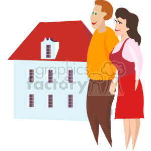 The clipart image depicts a cartoon drawing of a couple standing together with a big smile on their faces as they look fondly at a large two-story house with a red roof. The house appears to be a symbol of a new home that the couple might be purchasing or have just purchased, indicating a sense of pride and excitement. The man is depicted wearing a yellow shirt and brown pants, while the woman is wearing a pink top and red skirt. They both look happy and content, possibly representing homeowners or a couple interested in real estate.