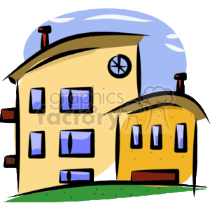 The image is a stylized cartoon of two houses, depicted with vibrant and whimsical colors. The larger house has a pale yellow facade with a blue roof, multiple windows, and a circular feature on the upper level. The smaller house, attached or adjacent to the larger one, has an orange facade with windows and a red door. Both houses have red chimneys, and there's a small patch of green, indicating grass, at the base of the houses.