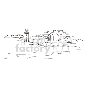   The clipart image depicts a lighthouse on a rocky coast with ocean waves and some buildings, likely a keeper