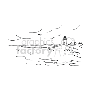 The clipart image depicts a scene at the coast with a lighthouse perched on land jutting out into the ocean. There are waves depicted in the water, suggesting the motion of the ocean. The sky above is clear with a few streaked clouds.