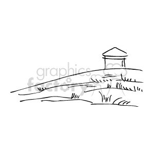   This clipart image depicts a serene beach scene that includes gentle ocean waves reaching the coastline, with a lifeguard tower overseeing the shore. There