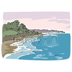 This clipart image depicts a serene coastal scene that includes elements such as a beach, calm ocean waters, and a coastline with vegetation.