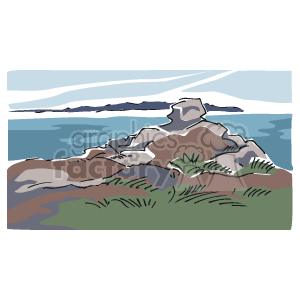   This clipart image features a rocky coastline with the ocean in the background. The sky has light cloud streaks, indicating it might be a pleasant day. There