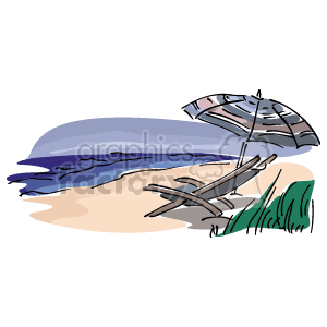 This clipart image depicts a serene beach scene that includes a beach umbrella, a lounger, and some beach grass. There's the illustration of an ocean in the background, with differing shades of blue representing water, and a sandy beach in the foreground.