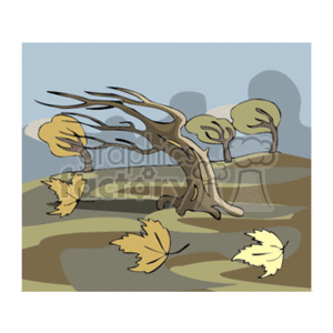   The clipart image depicts a windy autumn scene with bent trees suggesting strong wind. There are a few trees in the image with one prominently leaning due to the wind