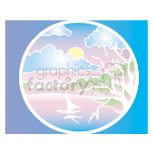 The clipart image depicts a stylized circular landscape scene. It features a river or a lagoon flanked by hills or mountains. A sun peeks out from behind clouds in the sky, and there appears to be a tree or some foliage on the right side of the image. The colors are soft and pastel, creating a calm and serene atmosphere.