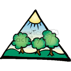 The clipart image features a stylized landscape scene within a triangular frame. There are three green trees with brown trunks in the foreground, depicting a small forest or grove. The background shows a light blue sky with a sun peeking from the top corner, indicating a daytime summer scene. There are light gradient lines emanating from the sun, suggesting sunlight or warmth. The ground appears to be a simple green curve, representing grass or earth.