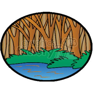   The clipart image depicts a stylized representation of dense woods with several trees and underbrush, alongside a river that appears to be in the foreground. The trees are tall with brown trunks and are closely spaced, suggesting a thick forest. In the background, the trees rise up, and below them, there