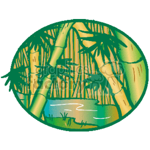 The clipart image shows a tropical bamboo forest with a small body of water, possibly a swamp or pond, in a circular frame. The bamboo stalks are tall and dense with a few leaves visible. The environment depicted is lush, indicating a humid, tropical setting commonly associated with jungles or rainforests.