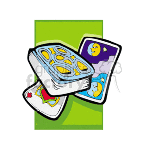 The clipart image shows a stylized depiction of Tarot cards, which are often associated with fortune telling, a practice some people consider to be part of the esoteric or occult traditions. The cards are depicted with vibrant colors and show elements such as stars and a moon, suggesting a connection to the mystical or astrological aspects these cards are often linked with in popular culture.