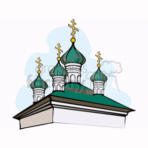 Clipart image of a church with green domes topped with Orthodox Christian crosses.