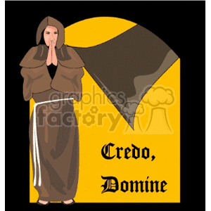 A monk in a brown habit praying with hands together, standing in front of a large bell with the words 'Credo, Domine.'