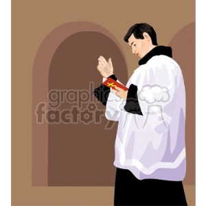 Clipart image of a priest holding a book with a cross, engaged in prayer.