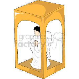 This image depicts a stylized representation of an angel encased within a golden or yellow cubic frame or lantern-like structure. The angel appears to be in a prayerful or worshipful stance with folded hands.