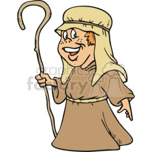 A cartoon illustration of a smiling shepherd in traditional robes, holding a shepherd's crook.