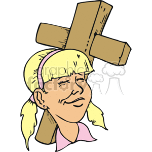 This clipart image depicts a young girl with closed eyes and a serene or contented expression on her face. She has blonde hair tied into pigtails and secured with a pink headband. Behind her, a large wooden cross is illustrated, suggesting themes of Christian faith and spirituality.