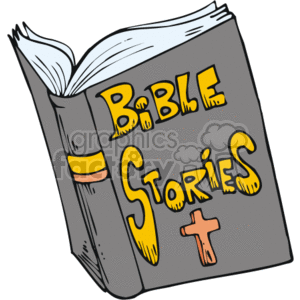 The image depicts a clipart of an open book with the cover showing the words Bible Stories in decorative, bold lettering. On the front cover, there is also an illustration of a Christian cross. The book appears to be a children’s book or a simplified version of the Bible containing various biblical stories.