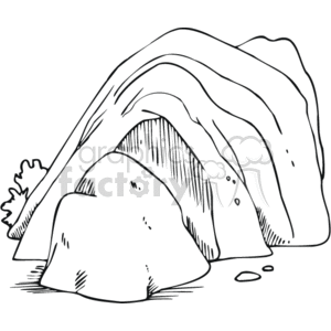 The clipart image depicts a cave or grotto with a large opening. The cave is illustrated in a simple line art style with some textural details such as lines to show the curvature of the cave walls and stippling for shading and ground texture.