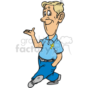 The clipart image features a cartoon of a smiling man who appears to be a clergy member, given the cross symbol on his shirt. He is depicted standing with a friendly gesture, one hand raised as if explaining something or giving a blessing.
