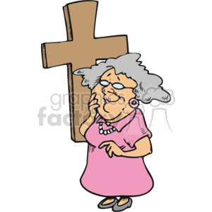 The clipart image depicts a senior lady standing next to a large Christian cross. The lady appears to be in a reflective or prayerful pose, with one hand up to her face and eyes closed, possibly indicating deep thought or devotion. The image is colorful, with the woman wearing a pink dress, blue glasses, and having grey hair. It portrays a sense of religious contemplation or reverence.
