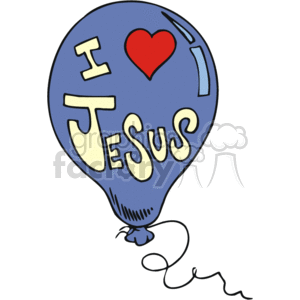   The image is a clipart of a balloon with the phrase I Love Jesus on it. The letter I and the name Jesus are written in yellow, while the word Love is represented by a red heart symbol. The balloon is blue and there