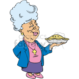 This clipart image shows a cheerful elderly lady with gray hair, wearing a blue jacket, a pink top with a visible Christian cross necklace, and a purple skirt. She is smiling and holding out a pie with a nicely browned crust in her hand, suggesting she may have baked it herself.