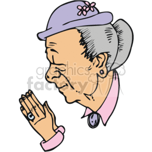 The clipart image depicts an elderly woman with closed eyes and hands clasped together in a position that suggests she is praying or in deep contemplation. The woman is wearing a lavender hat adorned with a flower, and her attire includes a pink collar, suggesting a gentle, serene demeanor often associated with religious devotion.