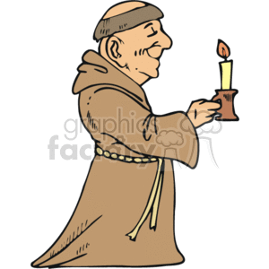 The clipart image depicts a monk holding a candle. The monk is wearing traditional religious attire, which includes a robe with a rope belt, and has a serene expression on his face.