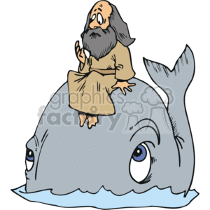 The clipart image shows a caricatured depiction of a man, presumably Jonah from the biblical narrative, sitting on the back of a large whale. The man appears to be in the garb typically associated with ancient Middle Eastern dress, often depicted in religious storytelling. He has a beard and is looking upwards, perhaps praying or contemplating. The whale is mostly submerged in water, with only the top of its body and its tail fin visible above the waterline.