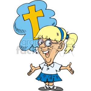 In the clipart image, there is a happy young girl with pigtails, wearing glasses, a white shirt, and a blue skirt. She appears to be imagining or thinking about a large yellow Christian cross, which is shown in a blue thought bubble above her head.