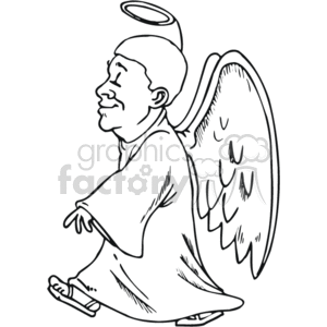 The image is a line drawing of a walking angel with wings and a halo. The angel is depicted in a simple, cartoonish style and appears to be peaceful or contemplative.