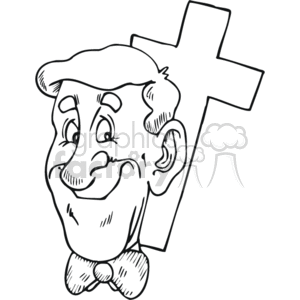 The clipart image features a smiling man with his head tilted to one side. He is wearing a bowtie and his overall appearance is simplified and cartoonish. Behind the man, there is a large Christian cross that appears to be part of the background or setting.