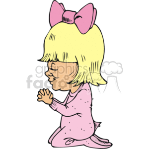 The clipart image displays a young girl with blonde hair, wearing a pink dress with polka dots and a pink bow in her hair. She is kneeling with her hands together in a pose that suggests she is praying.