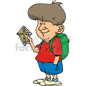 This clipart image depicts a smiling cartoon boy with brown hair. He is wearing a red shirt, blue shorts, and is carrying a green backpack. In one hand, he is holding what appears to be a star-shaped object with a pattern, which could be interpreted as a simplified or stylized representation of a dreamcatcher with strings and beads. However, since dreamcatchers typically have a distinct circular web design, it may also be an abstract or imaginary object.