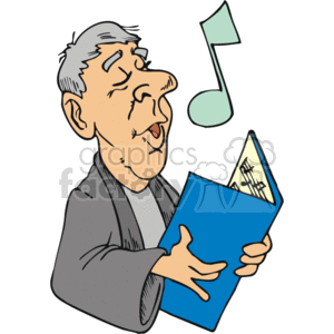 The image is a colorful clipart illustration that depicts a man singing from a book. The man is seemingly older, with gray hair, and is wearing a gray suit jacket. He appears to be in a passionate state of singing, evident by the closed eyes and open mouth. The blue book he is holding likely represents sheet music, and a single musical note is floating in the air near him, symbolizing the act of singing. This scene could easily represent a member of a church choir or someone engaged in religious or Christian singing.