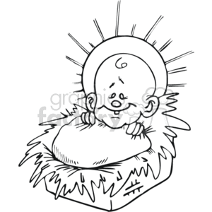 The clipart image displays a stylized interpretation of baby Jesus often associated with Christian nativity scenes. The baby is depicted resting on a bed of straw, with a radiant halo around the head, which is a common visual symbol denoting holiness in Western art. The image is in a line drawing style, suitable for coloring or religious educational material.