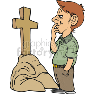 This clipart image depicts a man with a contemplative expression standing beside a large Christian cross that is planted on a mound of dirt. The man appears thoughtful or possibly in a state of contemplation or remembrance, gazing at the cross with his hand on his chin. The style of the artwork is cartoonish.